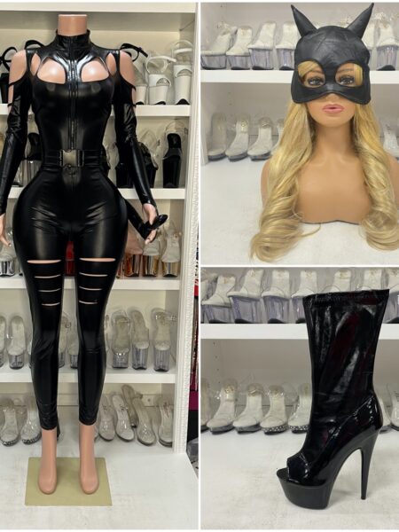 Cat Fight Costume with metallic jumpsuit, mask with cat ears, and belt