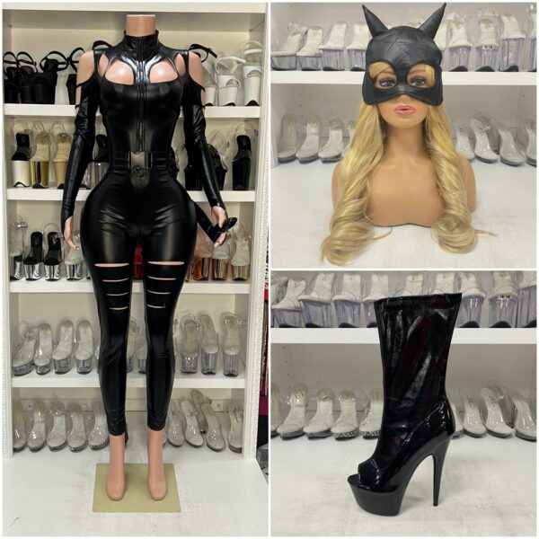 Cat Fight Costume with metallic jumpsuit, mask with cat ears, and belt