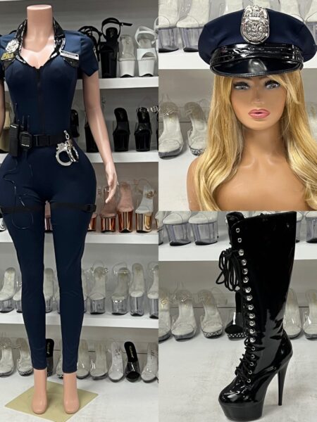 Navy police officer costume with patent leather trim, utility belt, badge, and handcuffs