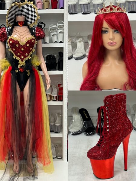 “Heartthrob Queen costume set regal red and black gown with collar and crown”