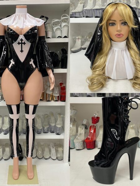 “Secret Confessions Nun costume black teddy with headpiece, sleeves, and leg warmers”
