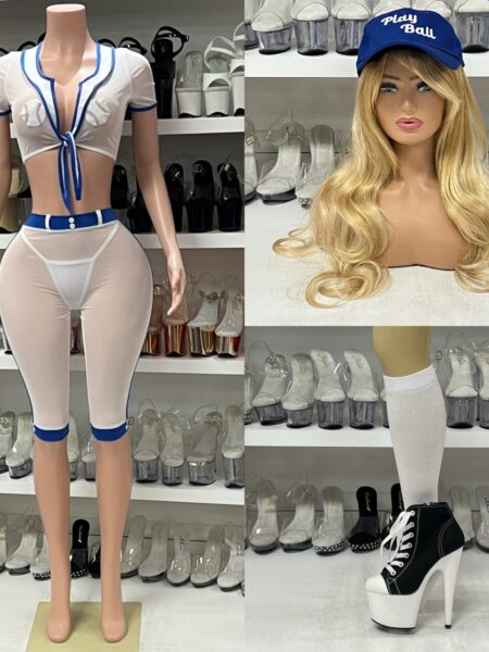 “Baseball Scandal Babe costume by Starline with crop top, pants, thong, pasties, hat, socks, and gloves”