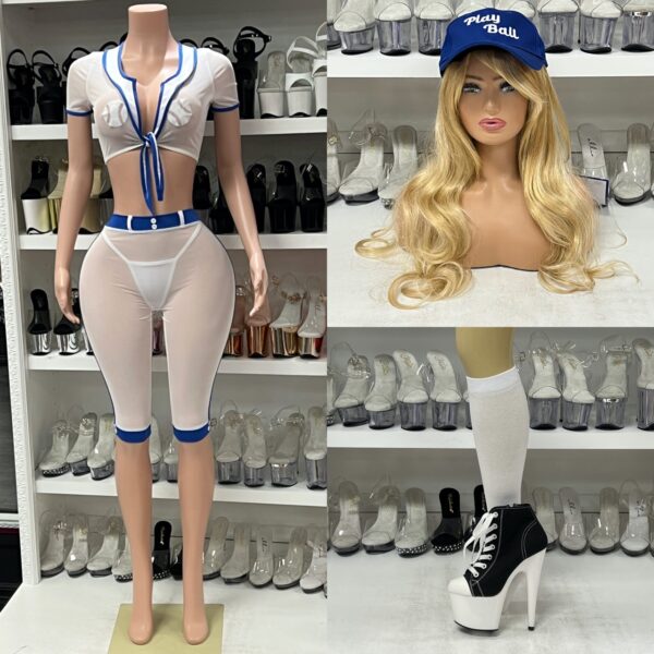 “Baseball Scandal Babe costume by Starline with crop top, pants, thong, pasties, hat, socks, and gloves”