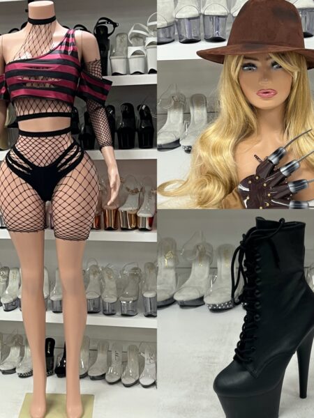 Krueger Betch Costume Set includes striped shrug, bikini-style top, and thong bottom. Hat and glove sold separately.