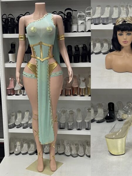 Grecian Goddess Costume with blue dress, gold accents, and crown