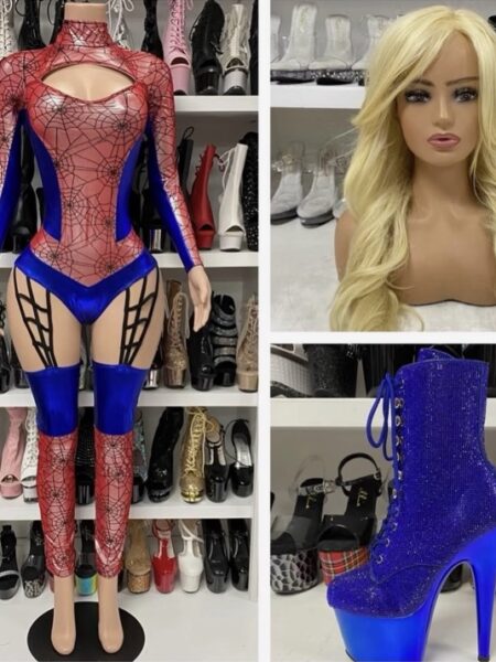 Web Crawler catsuit costume in red and blue with spiderweb details and hip cutouts
