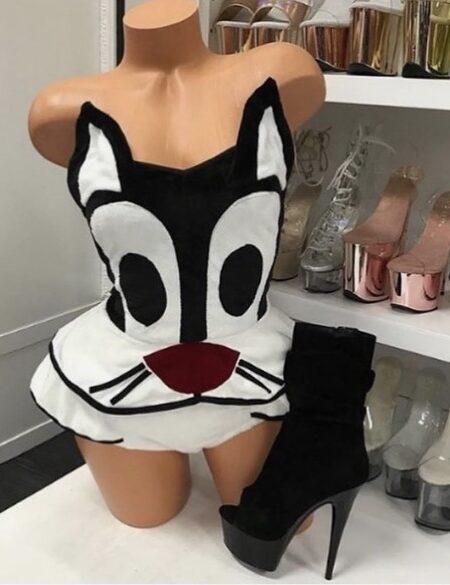 Playful Pussycat costume romper black and white cartoon cat outfit