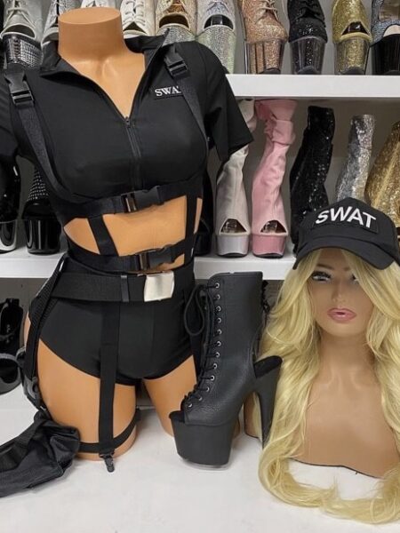 SWAT Commander costume set with tactical romper, belt, and hat