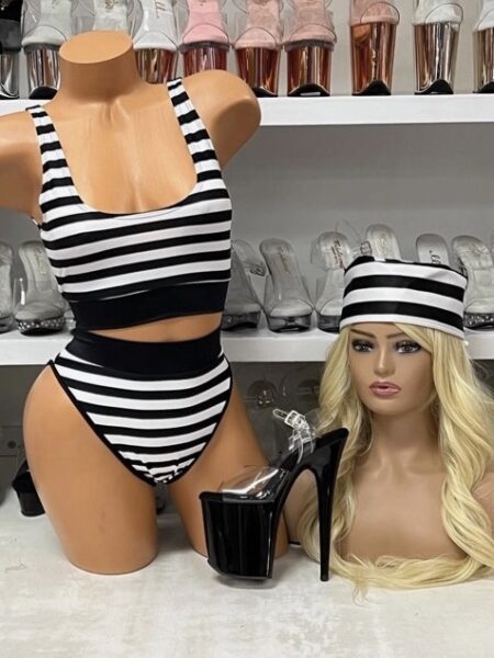 Inmate Seduction costume set black and white striped crop top and bottoms