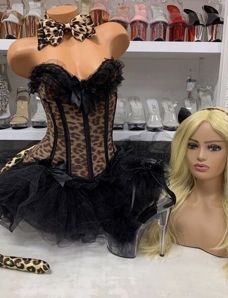 “Carousel Leopard costume set with corset tutu, bow tie, ears, and tail”