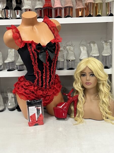 “Red Ruffle Lace Teddy lingerie costume stagewear”