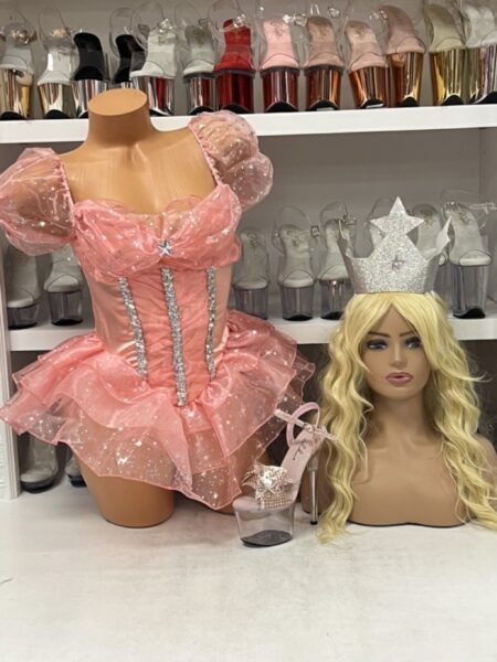 “Enchanting Good Witch Costume pink Leg Avenue set with puff sleeves and crown headband”