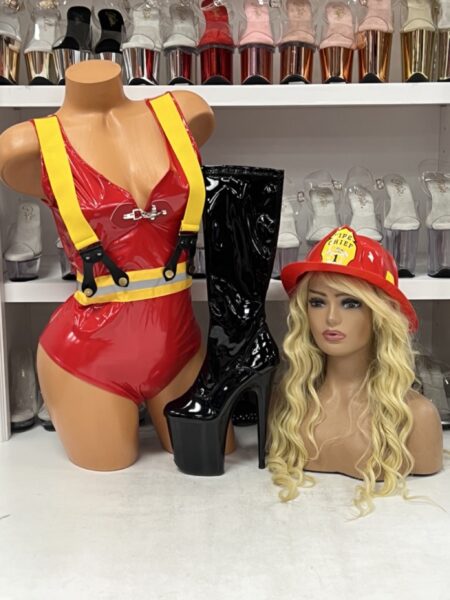 Firefighter costume red vinyl bodysuit with yellow suspenders and reflective safety tape