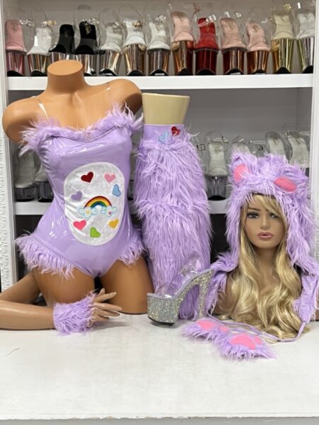 Purple care creature costume with furry lilac teddy and matching ear headpiece