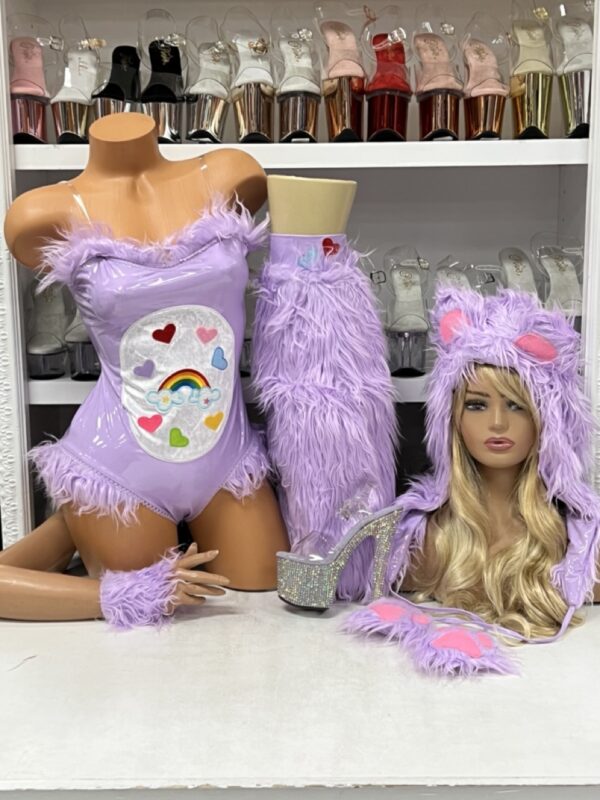 Purple care creature costume with furry lilac teddy and matching ear headpiece
