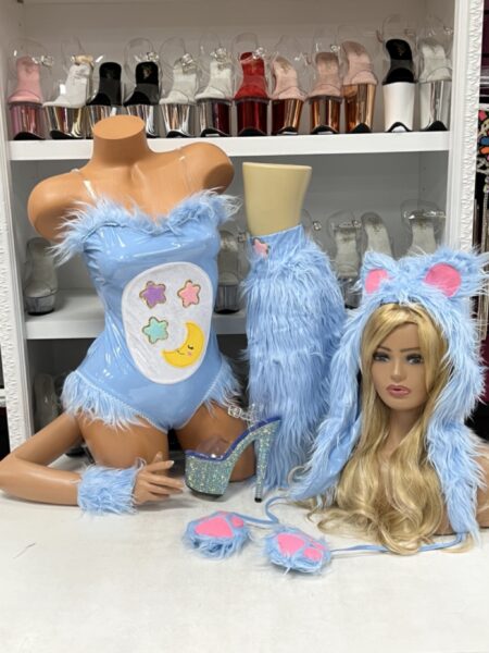 Blue creature costume fluffy teddy with colorful belly design and matching pom-pom ears