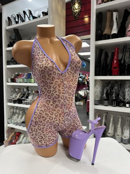 purple leopard romper with halter neckline and bodycon fit