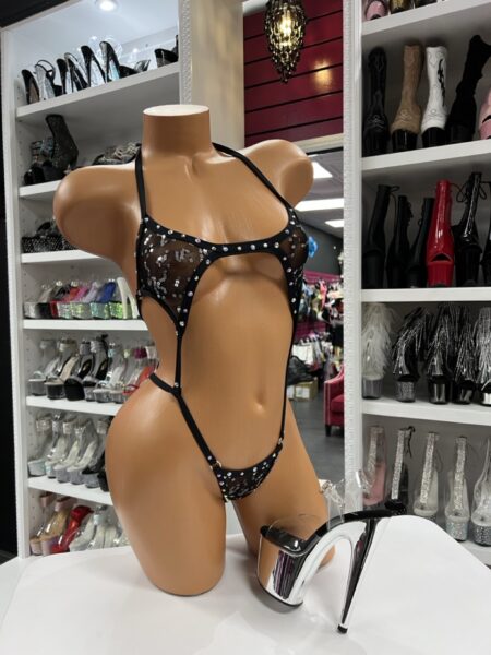 Black sling bikini with silver sequins and strappy design