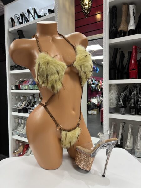 Fuzzy gold sling bikini with strappy cut and textured details