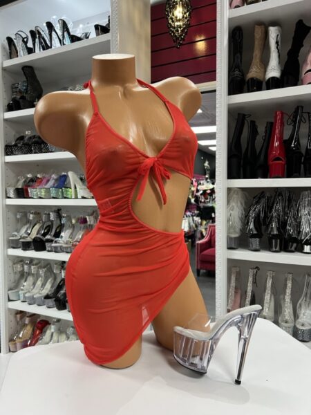 Red sheer cutout mini dress with halter neckline