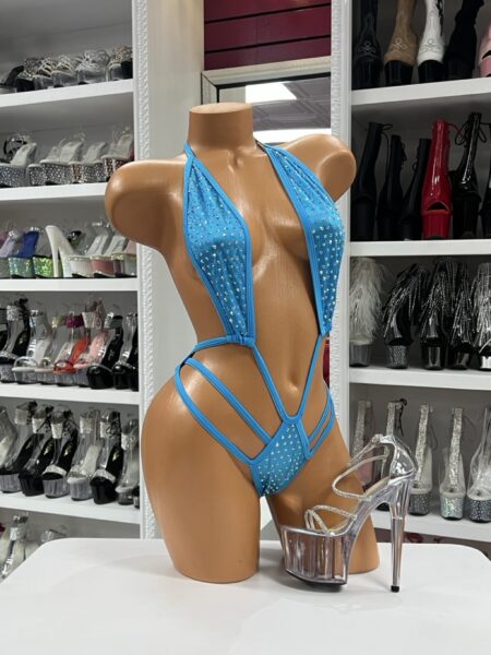 Blue rhinestone strappy bodysuit with plunging neckline