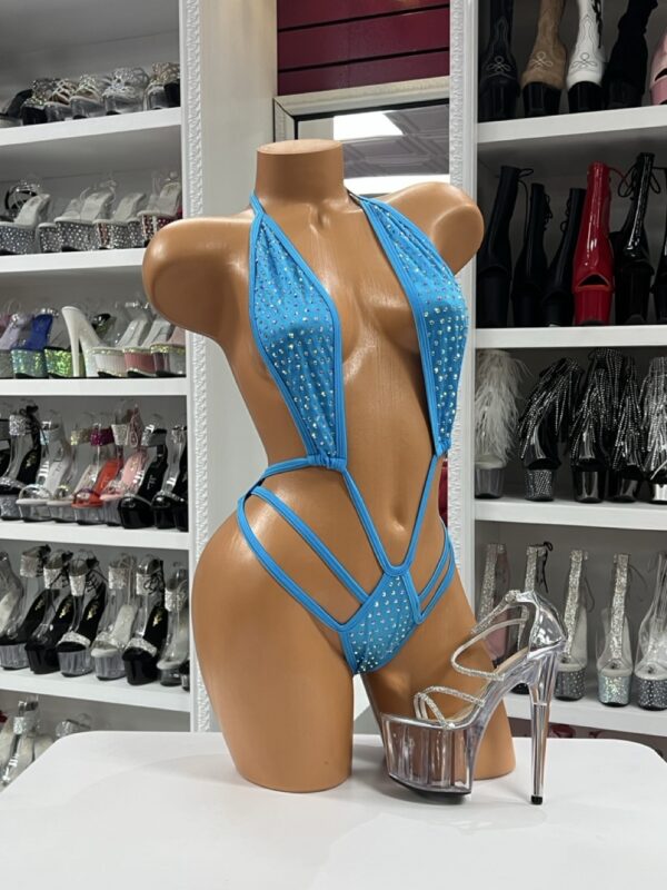 Blue rhinestone strappy bodysuit with plunging neckline