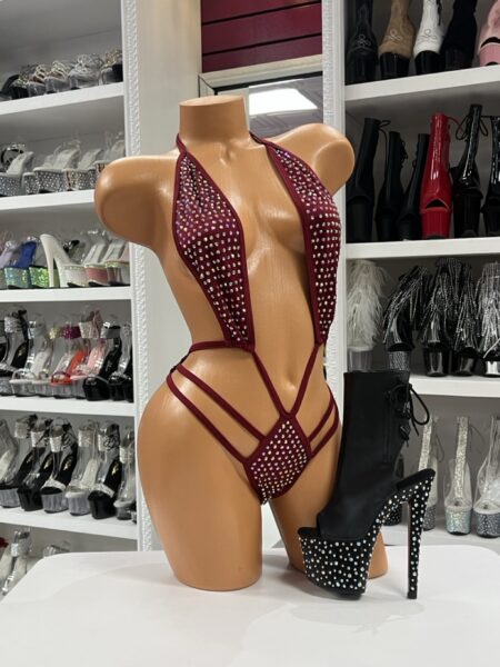 Burgundy rhinestone strappy bodysuit with plunging neckline