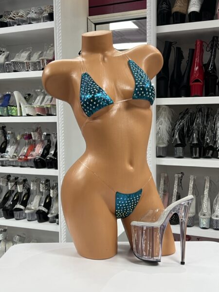 Teal rhinestone micro bikini with skimpy cut and triangle top
