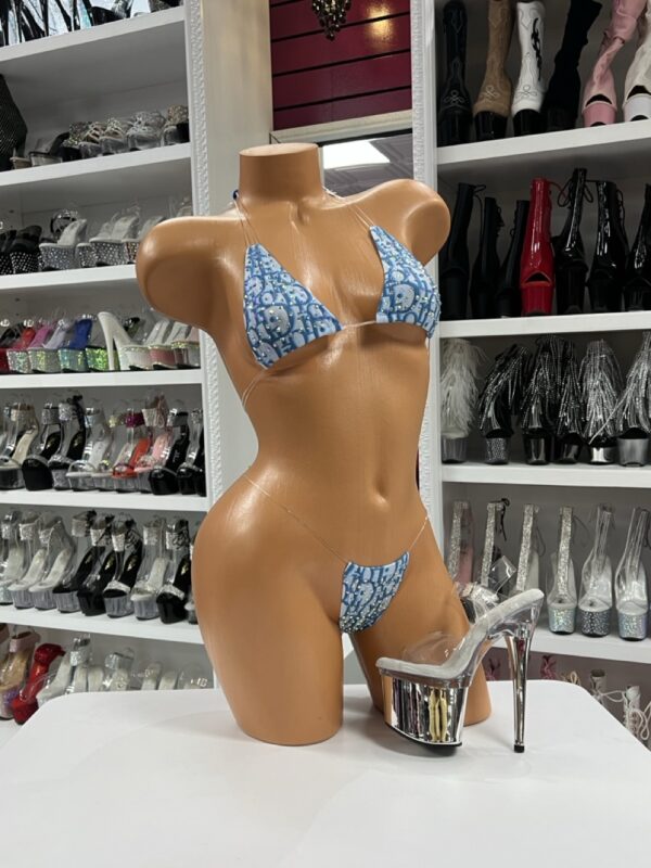 Blue printed micro bikini with triangle top and skimpy cut