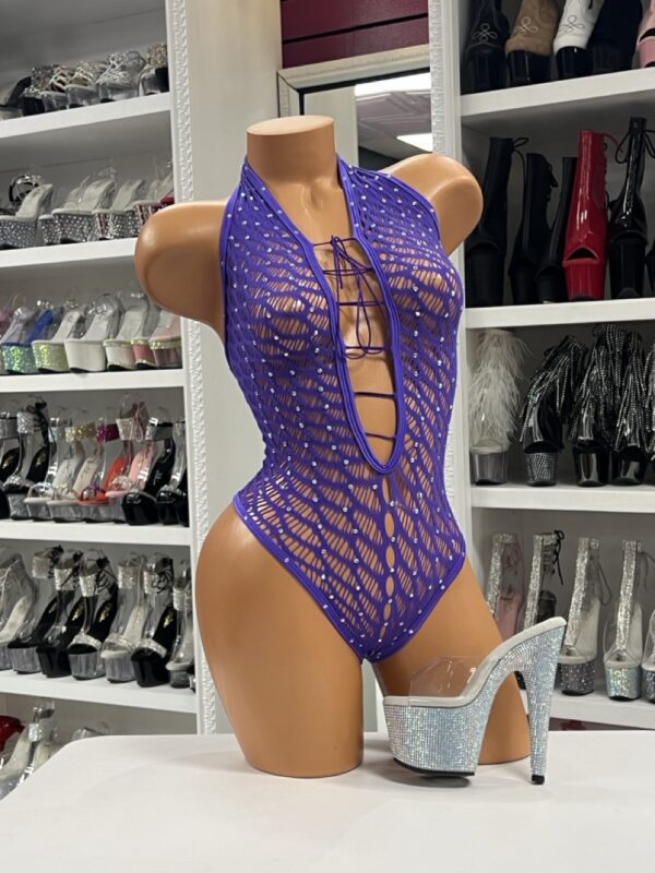 Purple lace-up fishnet bodysuit with halter neckline