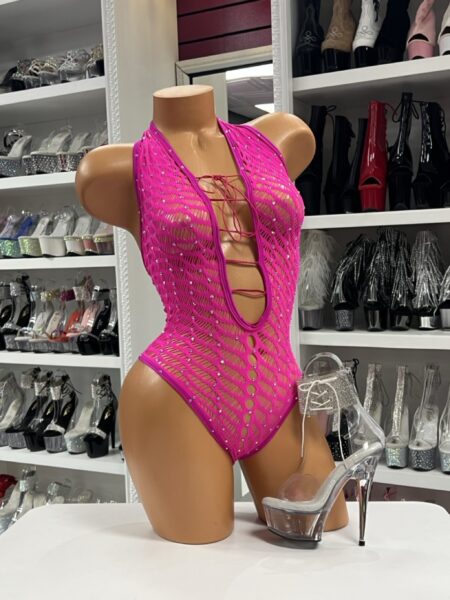 Pink lace-up fishnet bodysuit with halter neckline