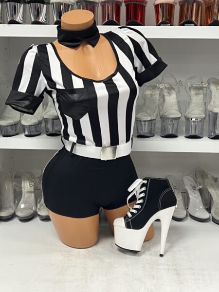 No Rules Referee Costume with striped romper, belt, and collar
