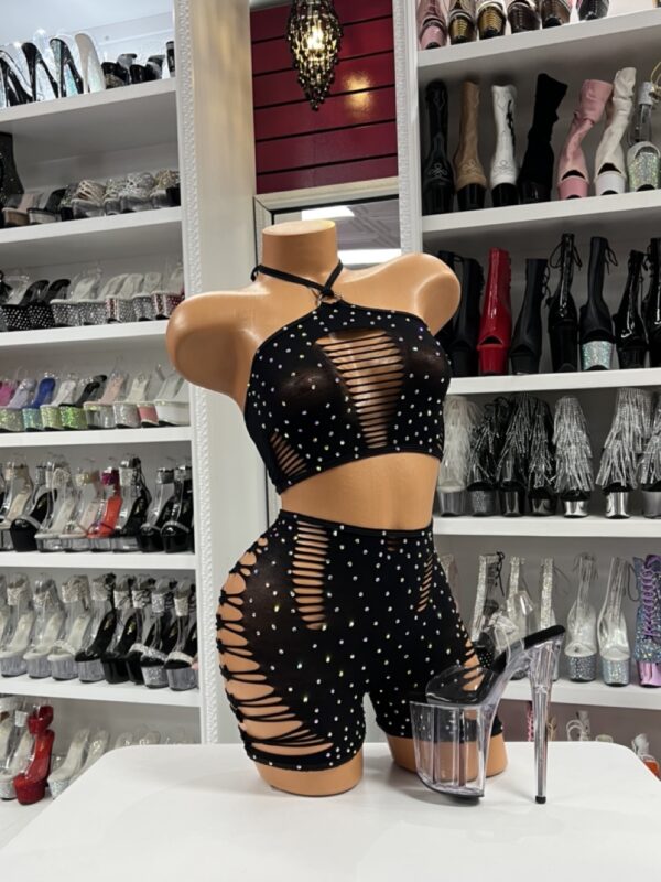 Black fishnet short set with O-ring details, rhinestones, and sliced side cutouts