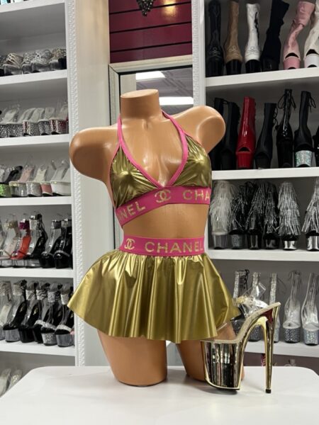 Gold and pink designer inspired bikini set with logo trim and mini skirt