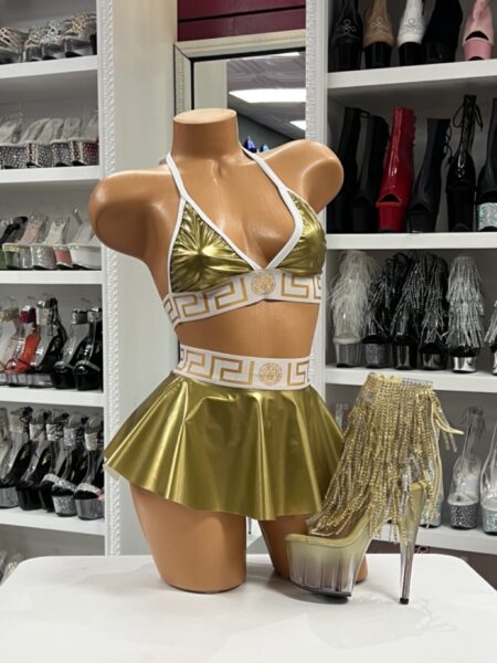 Gold and white skirt set with Greek key pattern trim and halter top