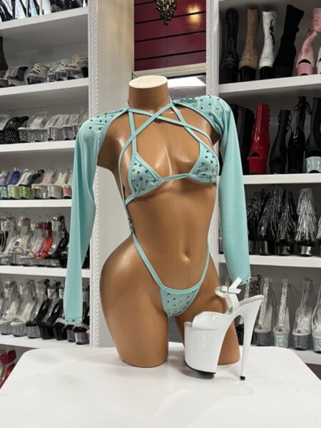 Mint green bikini set with matching long sleeve shrug and criss cross back