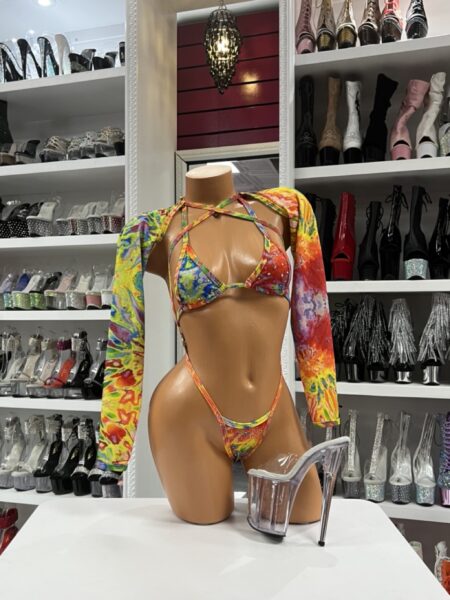 Vibrant rainbow tie dye shrug set with long sleeves and criss cross back