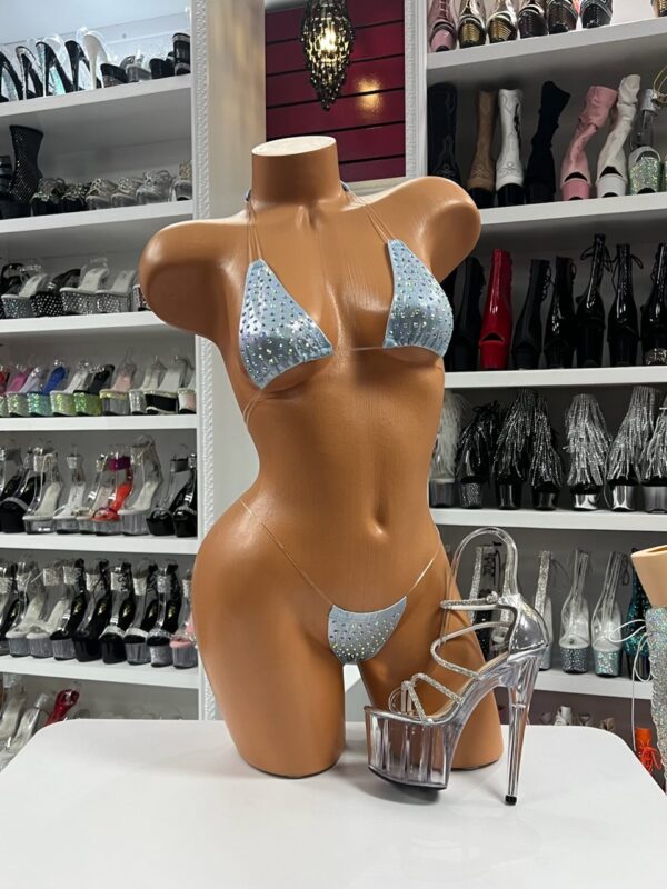 Baby blue metallic micro bikini set with triangle top and G-string bottom