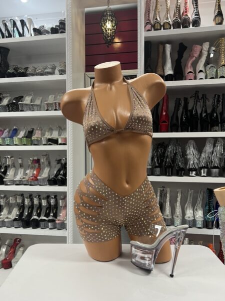 Dark nude rhinestone triangle top with cut out shorts exotic dance set