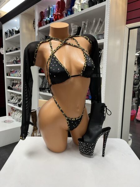 Midnight Leopard Sling Set featuring a black sling bodysuit with leopard trim, crystal accents, and removable mesh sleeves.
