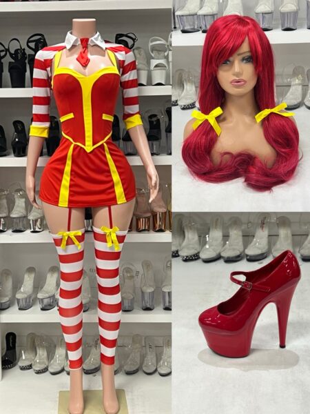 Sexy Ketchup Clown Costume with red dress and striped leggings