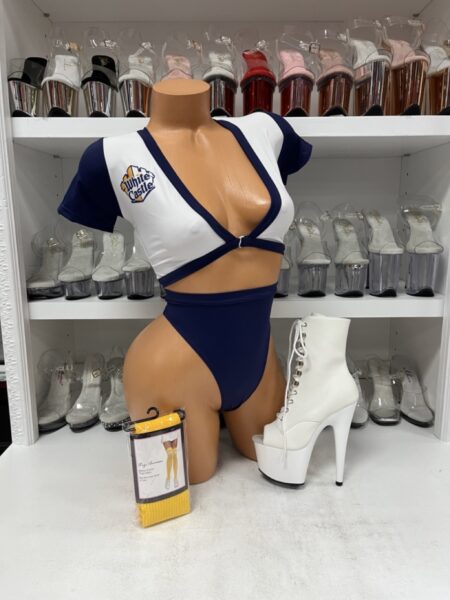Craving Castle Cutie costume set with navy crop top, high-cut panty, and striped stockings