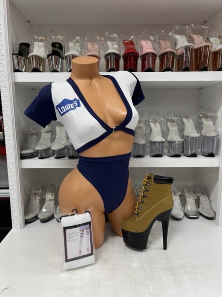 Hardware Store Diva costume set with navy crop top, high-cut panty, and striped stockings