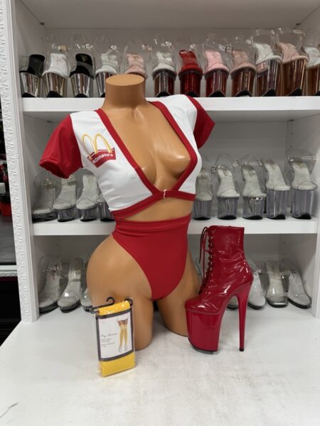Like My Big Mac costume with crop top, high-cut panty, and stockings. Playful fast-food fantasy outfit for stage, cosplay, or parties.