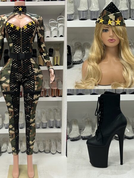 Army Cadet Bodysuit Set with camouflage print, fishnet mesh, and matching belt and hat