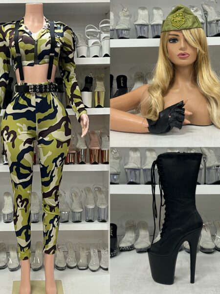 Commando Soldier Costume Set with camouflage crop top, pants, suspenders, belt, and gloves