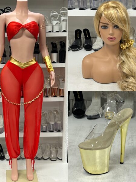 Royal Service costume with red bandeau top, sheer pants, and gold accessories