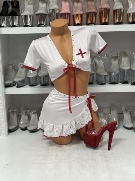 Bedpan Mistress Costume with cropped red-trim top and lace-trimmed apron mini skirt