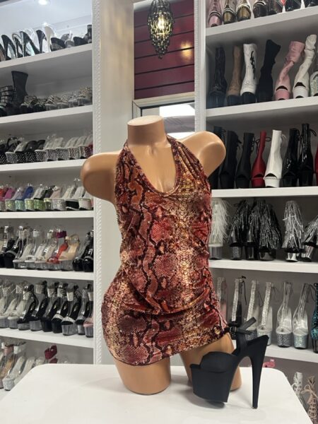 Red Snake Print Dress with halter neckline