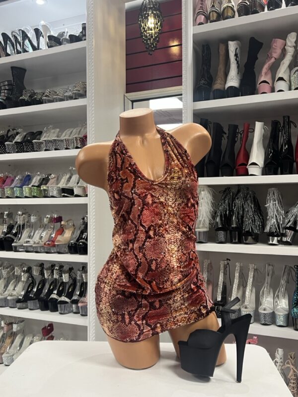 Red Snake Print Dress with halter neckline